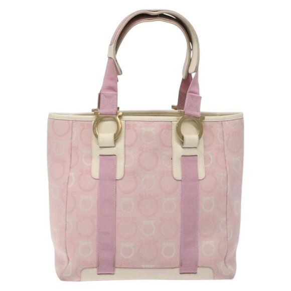 Salvatore Ferragamo Gancini Tote Bag Canvas Pink Gold Auth - Picture 10 of 16